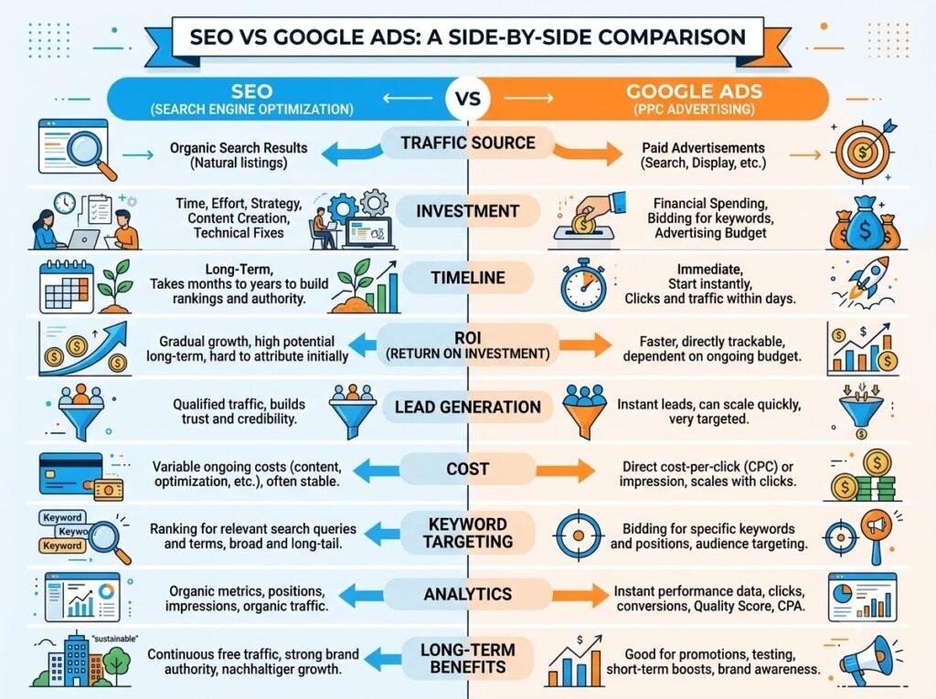 SEO Agency in Nagercoil SEO vs Google Ads ROI comparison infographic