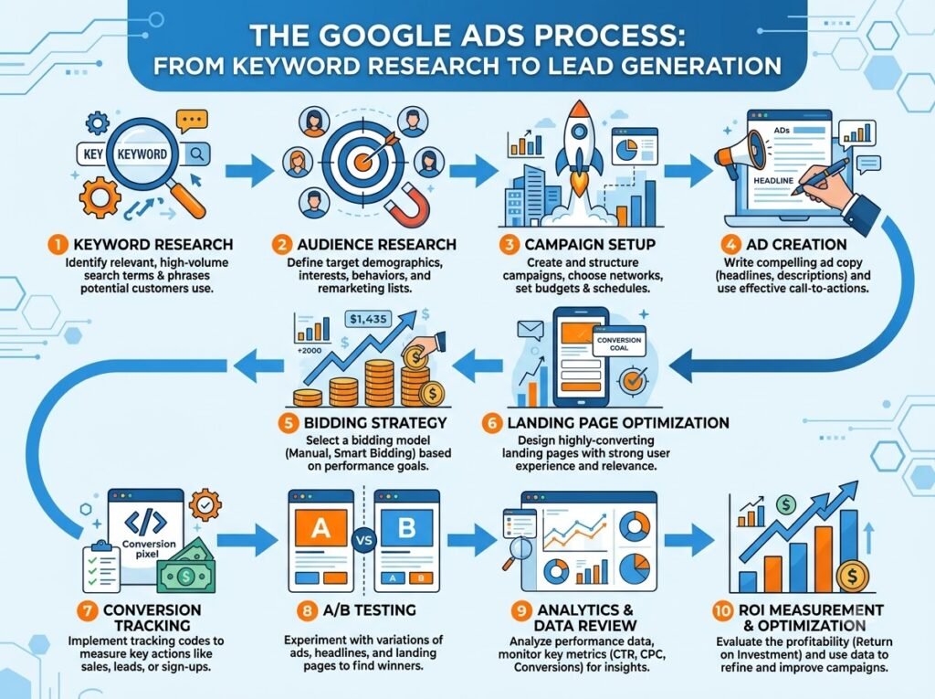  Google Ads Agency in Nagercoil Google Ads campaign workflow infographic