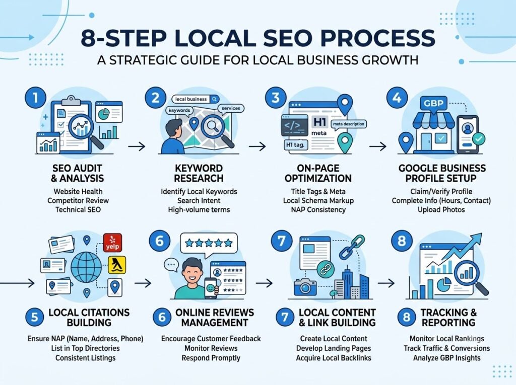 Step-by-step process infographic for Local SEO Services in Nagercoil